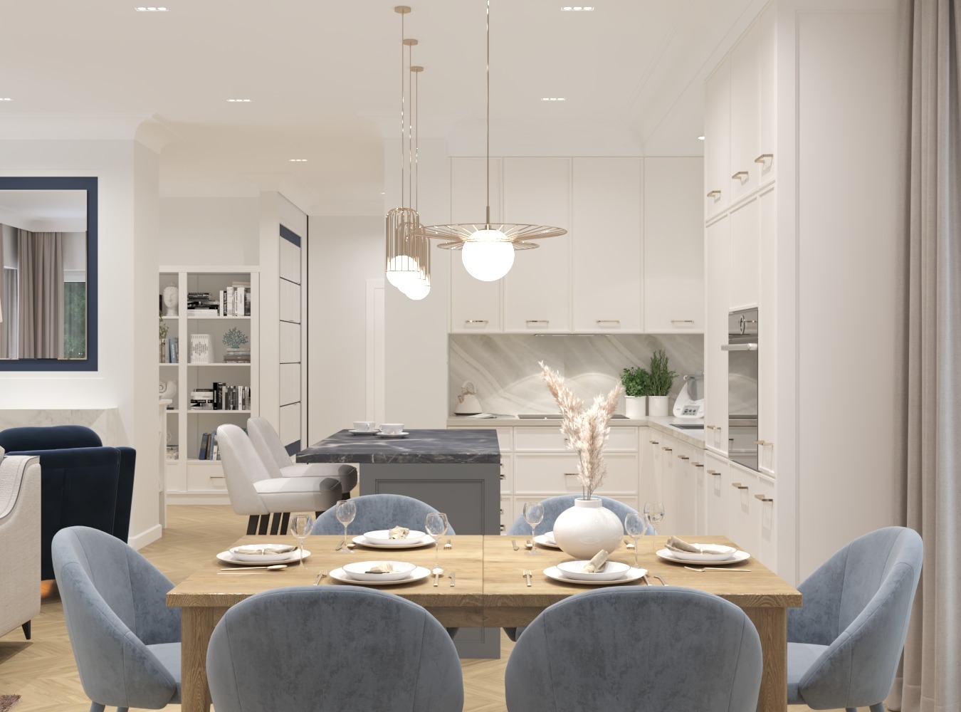 Jasne wnętrze kuchni z jadalnią, drewniany stół z nakryciem i niebieskimi krzesłami, w tle wyspa kuchenna i białe szafki.