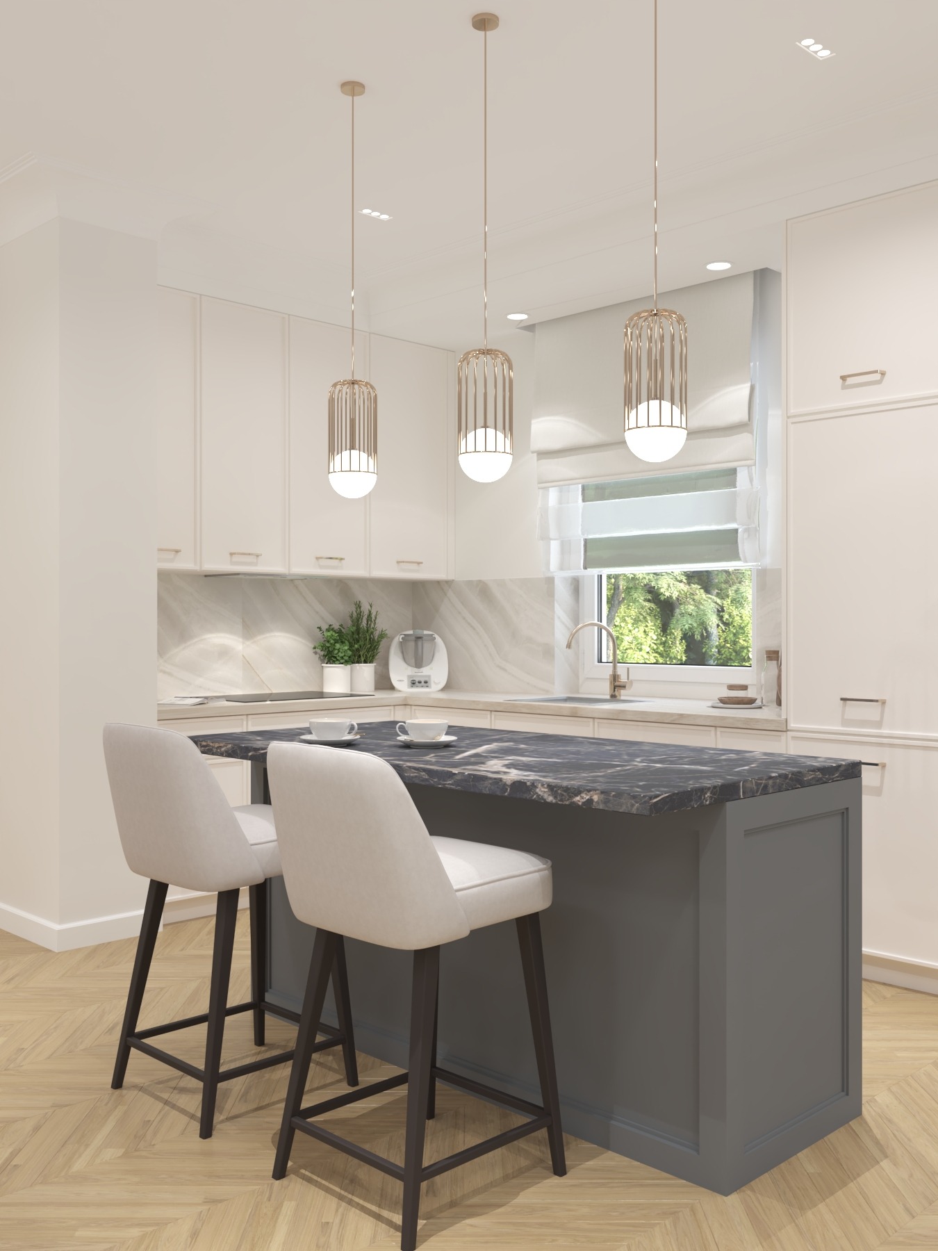 Wizualizacja nowoczesnej kuchni z wyspą, marmurowym blatem i złotymi lampami wiszącymi. Dwa krzesła barowe z beżową tapicerką stoją przy wyspie. W tle widoczny sprzęt kuchenny i rośliny.