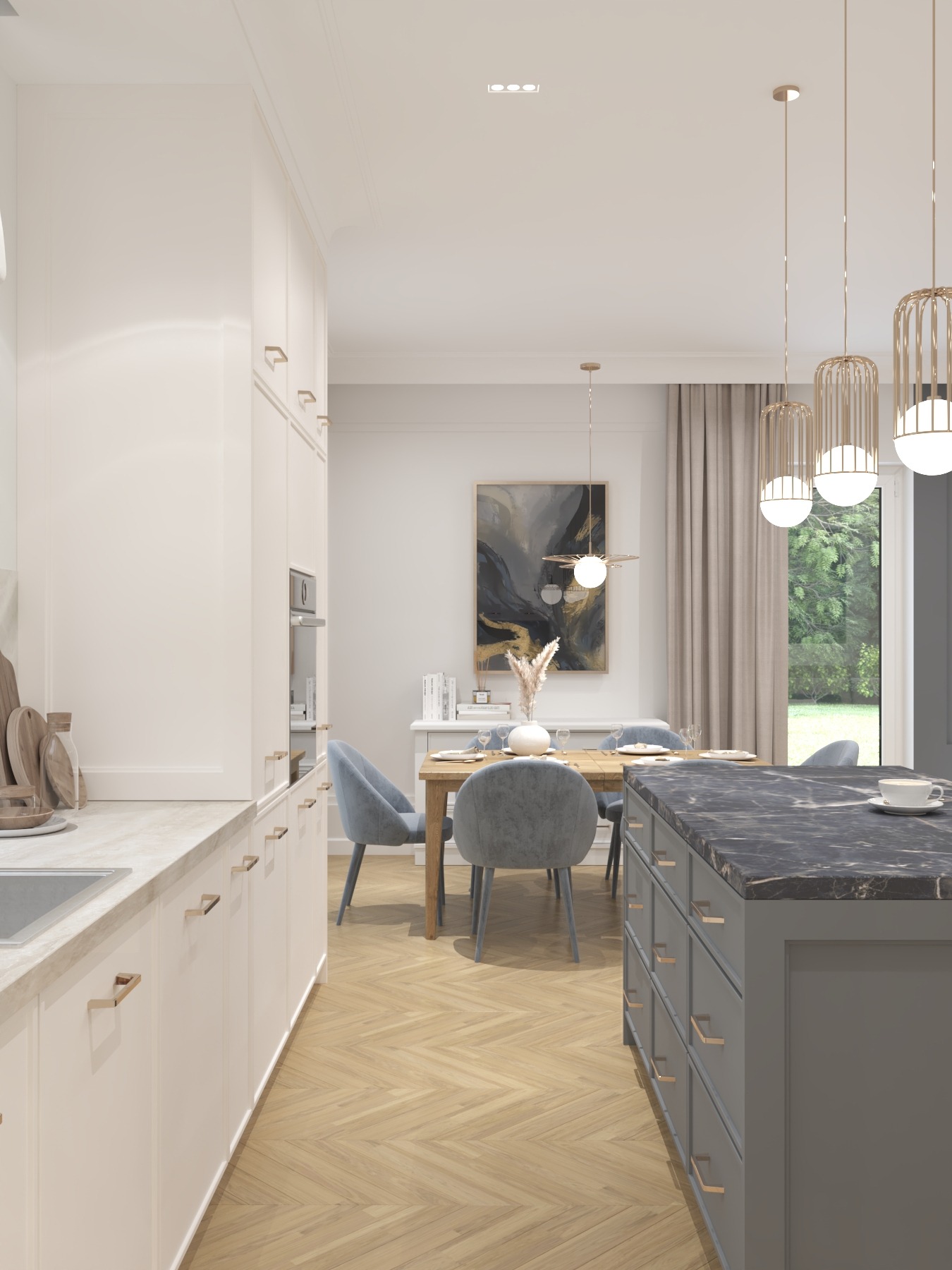 Jasna kuchnia z wyspą i marmurowym blatem, drewnianym stołem z szarymi krzesłami i złotymi lampami wiszącymi, parkiet w jodełkę.