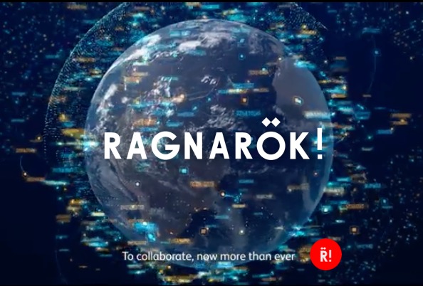 Stylizowana grafika przedstawiająca kulę ziemską otoczoną cyfrowymi danymi i napisem 'RAGNARÖK!' oraz hasłem 'To collaborate, now more than ever' i logo firmy.