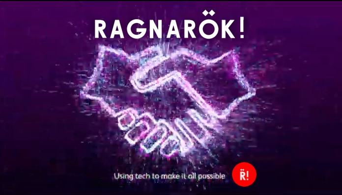 Stylizowany, cyfrowy uścisk dłoni na fioletowym tle z napisem 'RAGNARÖK!' i hasłem 'Using tech to make it all possible' oraz logotypem firmy w prawym dolnym rogu.