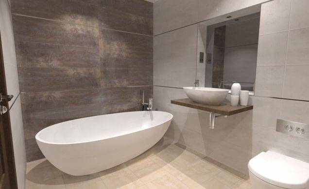 Nowoczesna łazienka z wolnostojącą wanną, umywalką nablatową na drewnianym blacie i dużym lustrem wkomponowanym w płytki ścienne.