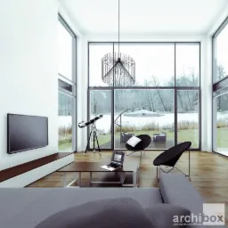 Wizualizacja przestronnego salonu z dużymi oknami wychodzącymi na jezioro; teleskop na trójnogu, designerska lampa wisząca, nowoczesne fotele i laptop na stoliku kawowym.