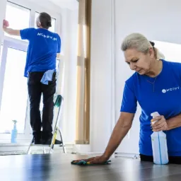 Dwie osoby w niebieskich koszulkach z logo firmy czyszczą biuro: jedna myje okno na drabinie, druga czyści powierzchnię biurka za pomocą środka w sprayu i ściereczki.