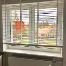 Białe żaluzje poziome zamontowane w oknie PCV, widok na zabudowę mieszkalną i zieleń za oknem.