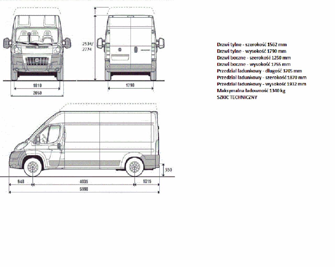 Szkic techniczny busa z wymiarami: wysokość, szerokość, długość, drzwi tylne, drzwi boczne, przedział ładunkowy, maksymalna ładowność.