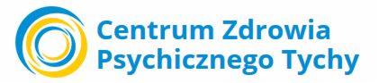 Logo Centrum Zdrowia Psychicznego Tychy z abstrakcyjnym symbolem spirali w kolorach niebieskim i żółtym po lewej stronie.