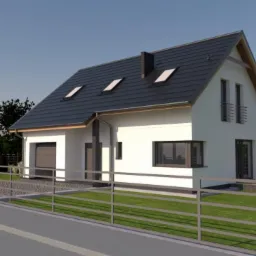 Wizualizacja nowoczesnego domu jednorodzinnego z garażem, biała elewacja, ciemna dachówka, widok z przodu przez metalowe ogrodzenie.