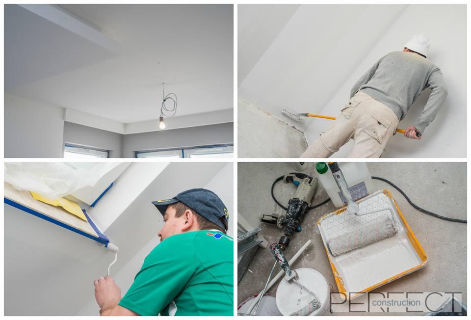 Mozaika zdjęć przedstawia malowanie wnętrz: świeżo pomalowany sufit z wiszącą żarówką, malarz w trakcie malowania ściany wałkiem, zbliżenie na malarza malującego ścianę pędzlem, oraz narzędzia...