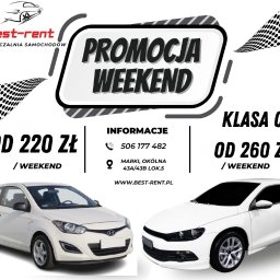 Promocja weekendowa na wynajem samochodu 3 dni w cenie 2. Cena za wynajem od piątku do poniedziałku od 220 zł
