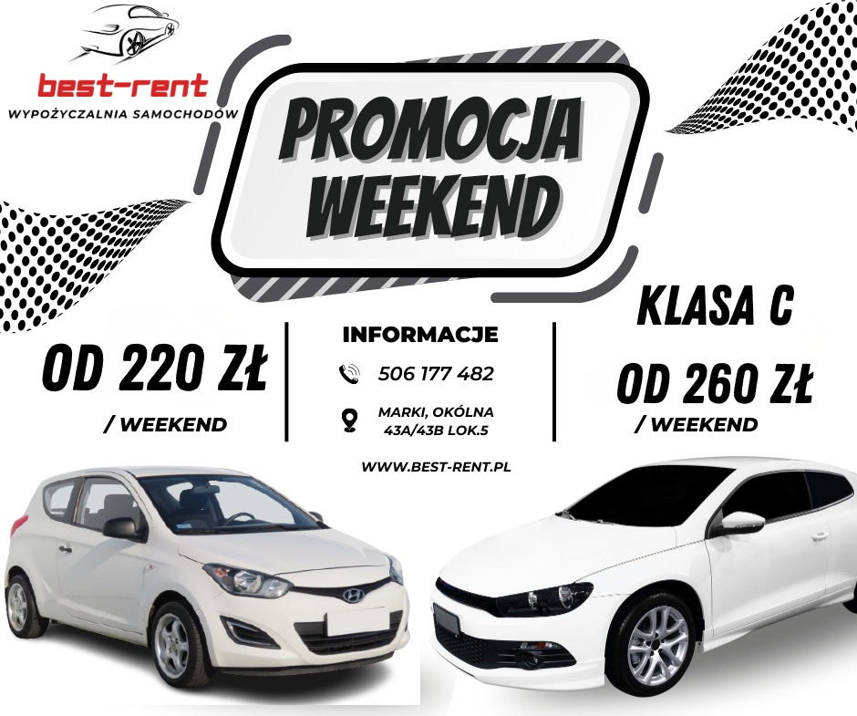 Promocja weekendowa na wynajem samochodu 3 dni w cenie 2. Cena za wynajem od piątku do poniedziałku od 220 zł