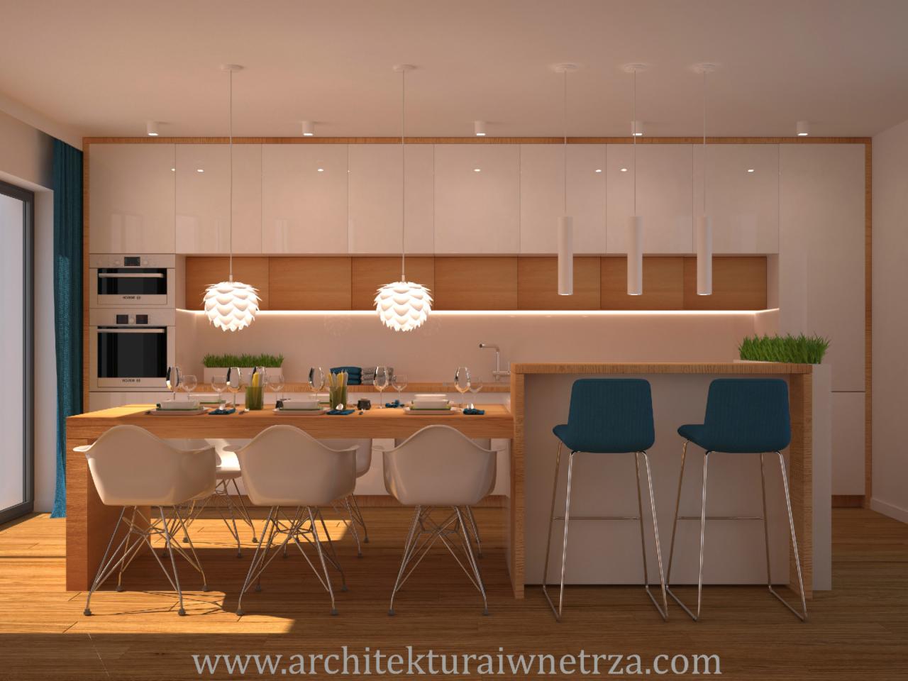 Wizualizacja nowoczesnej kuchni z białymi, lakierowanymi szafkami, drewnianymi akcentami, wyspą z hokerami, stołem jadalnym i designerskimi lampami wiszącymi.