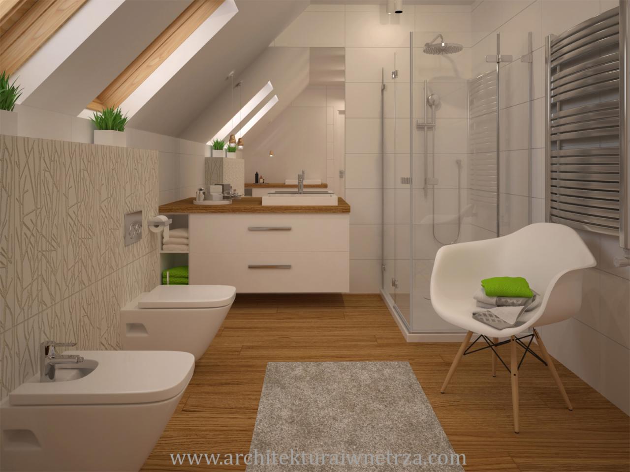 Wizualizacja łazienki na poddaszu z drewnianą podłogą, białymi płytkami i sanitariatami, umywalką w zabudowie z drewnianym blatem, kabiną prysznicową oraz krzesłem z zielonym ręcznikiem.
