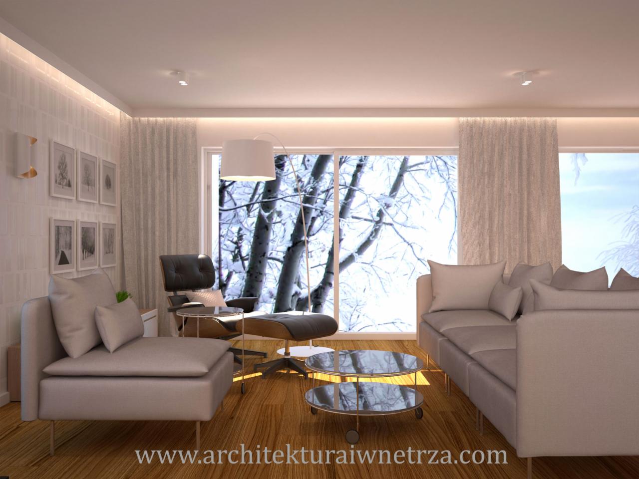 Wizualizacja salonu z szarymi meblami, drewnianą podłogą i widokiem na zaśnieżone drzewa za oknem. Dwu poziomowy szklany stolik kawowy. Na ścianie galeria czarno-białych grafik.