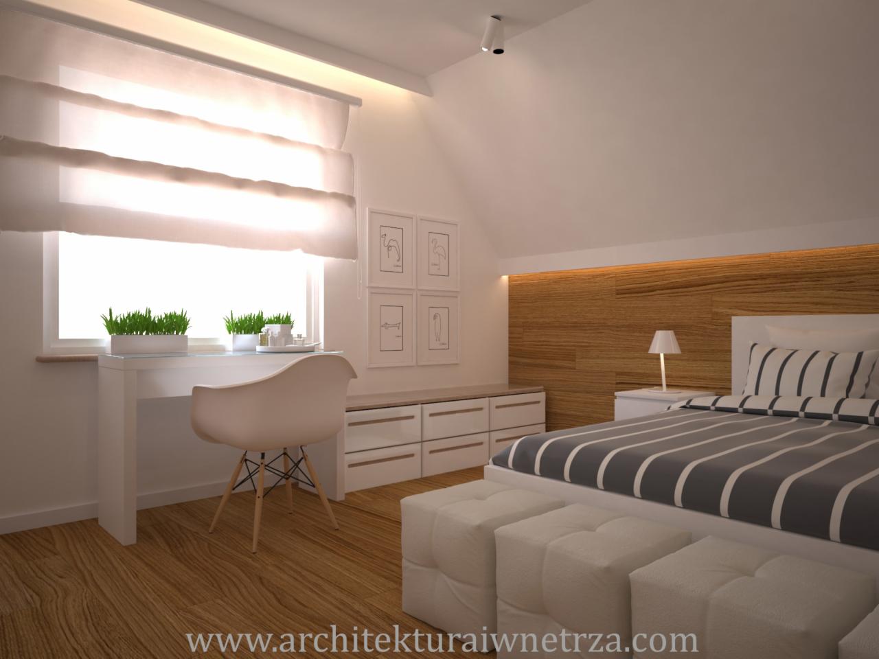 Jasne wnętrze sypialni w Katowicach z drewnianą ścianą za łóżkiem, biurkiem przy oknie z roślinami i białymi meblami.