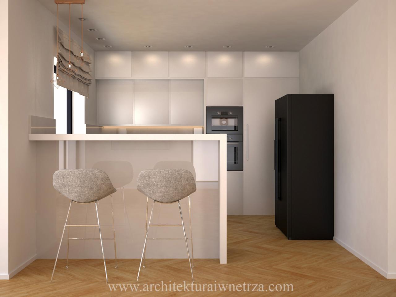 Wizualizacja nowoczesnej kuchni z białymi szafkami, czarną lodówką i barkiem z dwoma szarymi krzesłami barowymi; widoczne rolety rzymskie i drewniana podłoga w jodełkę.