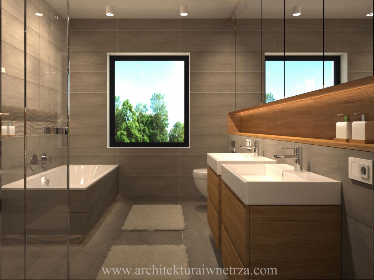 Wizualizacja łazienki z dwoma umywalkami nablatowymi na drewnianych szafkach, wanna za szklaną ścianą, okno z widokiem na zieleń, drewniana półka pod sufitem z oświetleniem punktowym.