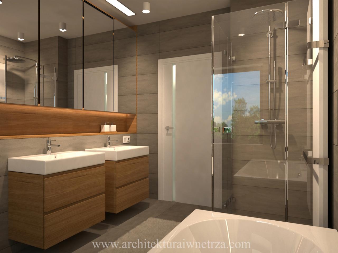 Wizualizacja nowoczesnej łazienki z dwoma umywalkami nablatowymi na drewnianych szafkach, przeszkloną kabiną prysznicową i wanną, utrzymana w szaro-beżowej tonacji z delikatnym oświetleniem.