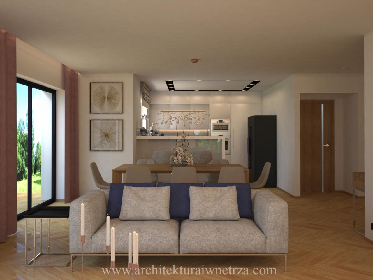 Wizualizacja przestronnego wnętrza: salon z szarą sofą, jadalnia ze stołem z krzesłami i otwarta kuchnia z białymi frontami, czarną lodówką i oknem. Na ścianie dekoracje w geometryczne wzory.