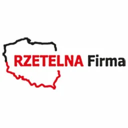 Logo firmy z nazwą 'RZETELNA Firma' obok konturu Polski, górna część konturu czarna, dolna czerwona.