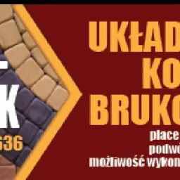 Grafika reklamowa firmy brukarskiej z numerem telefonu, prezentująca próbki kostki brukowej w odcieniach brązu, szarości i beżu, z informacją o układaniu kostki na placach przemysłowych...