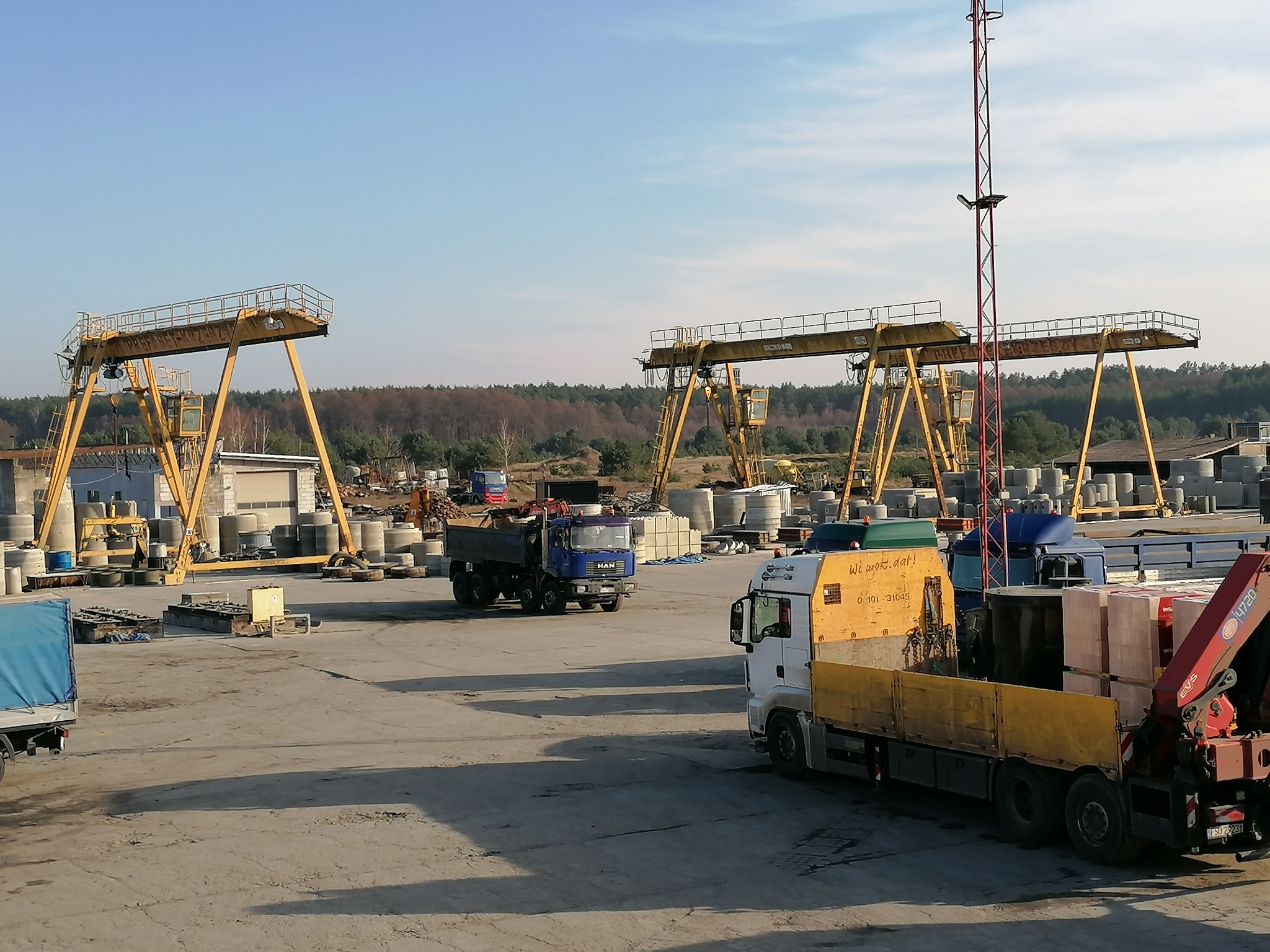 Plac składowy z suwnicami bramowymi i transportem ciężarowym, na którym znajdują się ułożone betonowe kręgi. W tle widoczny las.