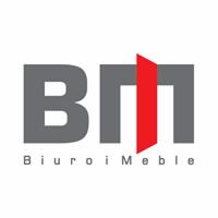 Szare logo 'BM' z czerwoną pionową kreską, poniżej napis 'Biuro i Meble' na białym tle.