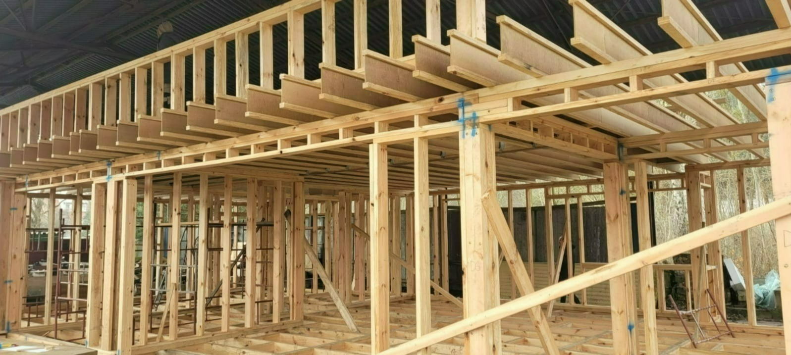Konstrukcja szkieletowa domu w trakcie budowy, widoczne drewniane belki i słupy, niebieskie oznaczenia na łączeniach, zarys dachu.