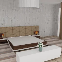 Sypialnia w neutralnych barwach z tapicerowanym wezgłowiem w geometryczny wzór, lampkami nocnymi z kolorowymi abażurami i minimalistycznym stolikiem kawowym z bukietem białych kwiatów.