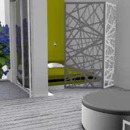 Wizualizacja nowoczesnej łazienki z zieloną szafką, dekoracyjnym ażurowym panelem, widokiem na niebieskie kwiaty za oknem i elementami wyposażenia w odcieniach szarości i bieli.