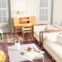 Jasny salon z sofą w stylu retro, stolikiem kawowym z otwartą książką, wazonem z kwiatami, barkiem na kółkach z zastawą i drewnianym biurkiem w tle.