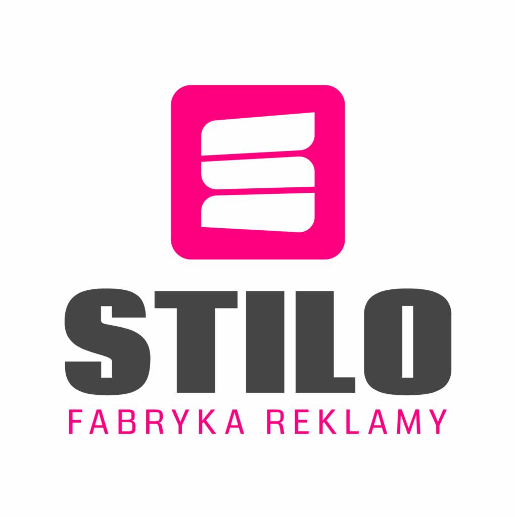 Logo firmy 'STILO Fabryka Reklamy' z różowym kwadratem zawierającym trzy białe poziome paski.