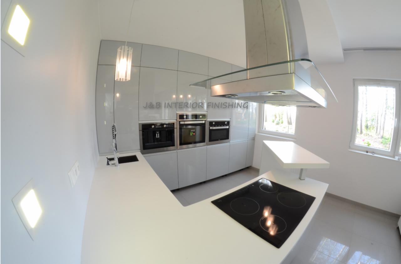 Nowoczesna kuchnia z białymi szafkami na wysoki połysk, wbudowanymi urządzeniami AGD i wyspą kuchenną z płytą indukcyjną, oświetlona wiszącą lampą i światłem z okna.