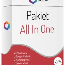 Białe pudełko z napisem 'Pakiet All In One' i listą usług: Strona www, Google AdWords, Marketing treści, Serwer www. Widoczne logo firmy 'adevo' i informacja o 30% zniżce.