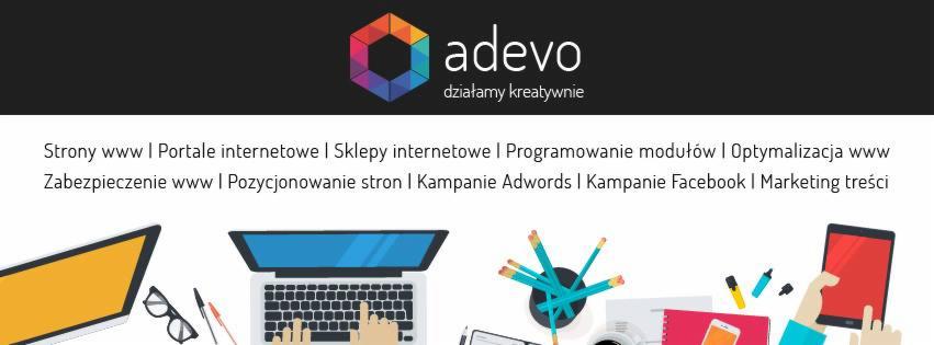 Graficzna ilustracja przedstawiająca logo firmy Adevo nad listą oferowanych usług internetowych, otoczona ikonami laptopów, tabletu, przyborów biurowych i dłoni wskazującej na ekran laptopa.