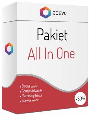 Białe pudełko z napisem 'Pakiet All In One' i listą usług: Strona www, Google AdWords, Marketing treści, Serwer www. Widoczne logo firmy 'adevo' i informacja o 30% zniżce.