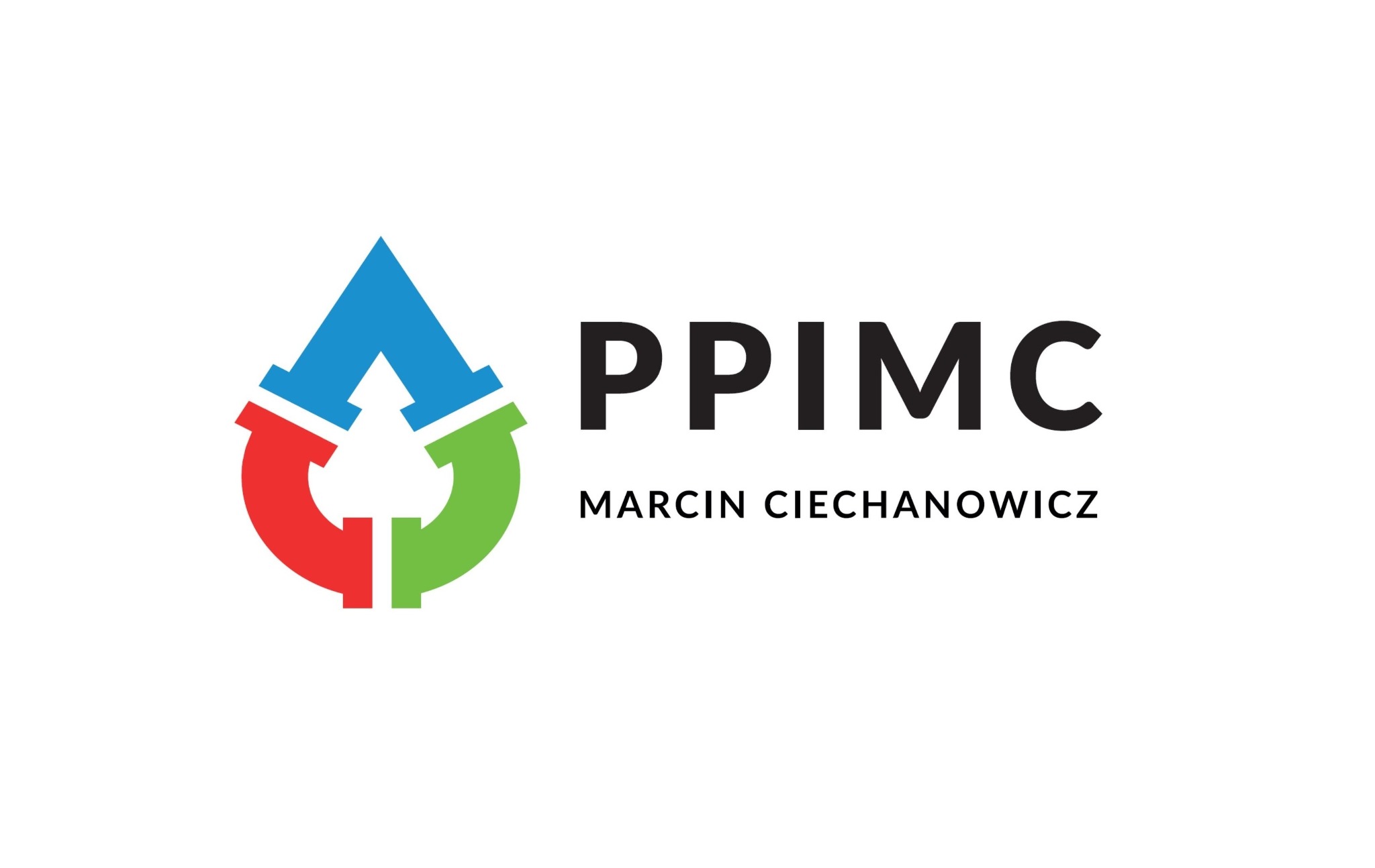 Logo firmy PPIMC Marcin Ciechanowicz z symbolem kropli wody złożonej z trzech kolorowych strzałek (niebieskiej, czerwonej i zielonej).