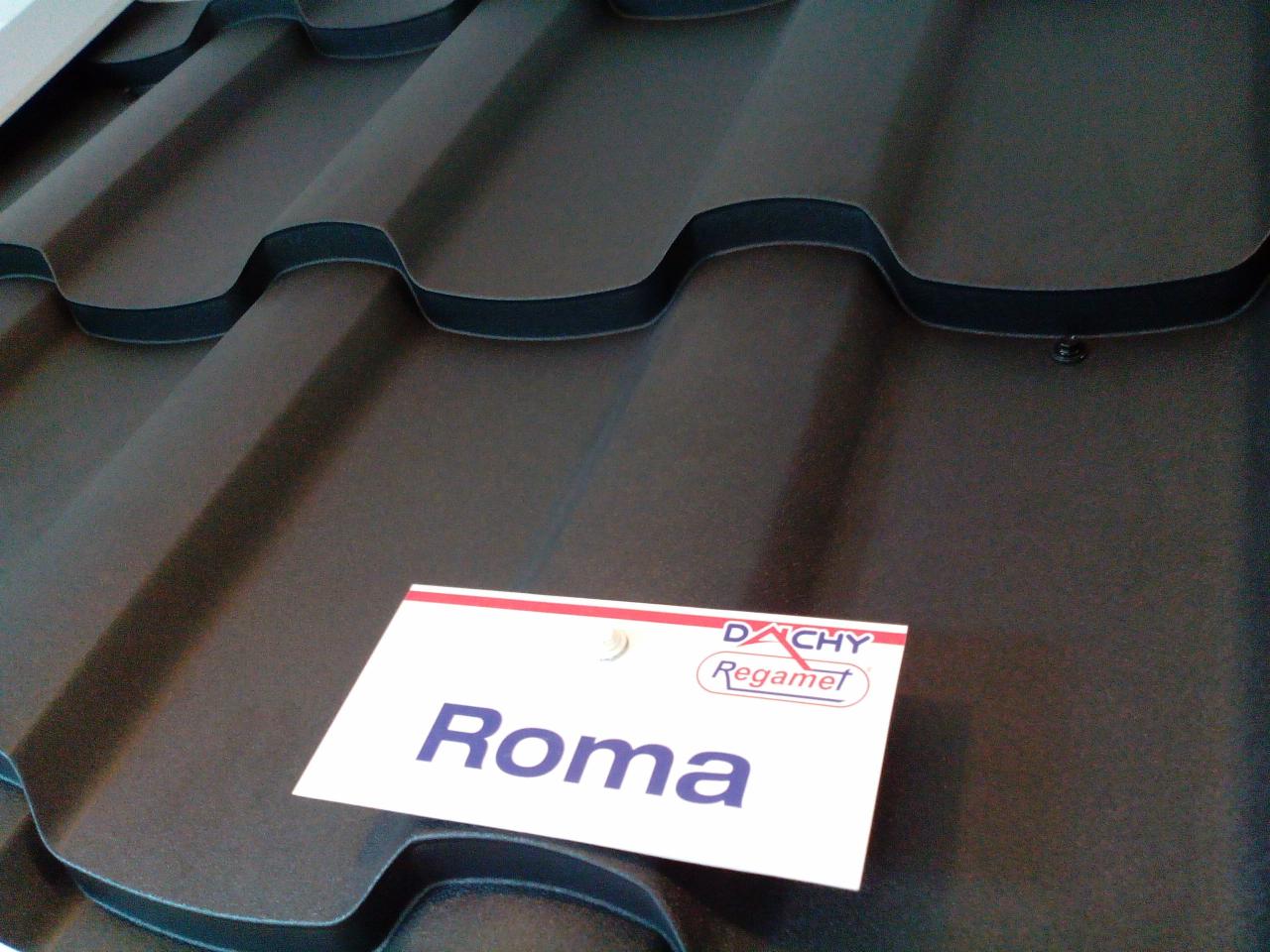 Ciemnoszara blacha dachowa modułowa Roma Regamet z widocznym mocowaniem, prezentowana w zbliżeniu.