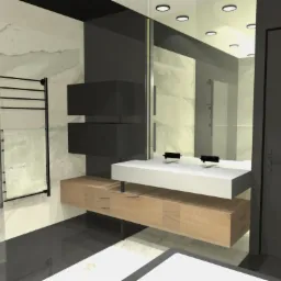 Wizualizacja łazienki z marmurową ścianą, grzejnikiem drabinkowym, podwieszaną szafką z umywalką i czarnymi szafkami wiszącymi.