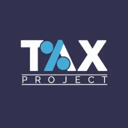 Logo firmy Tax Project: białe litery T i X, niebieski znak procentu z dwoma okrągłymi kropkami, pod spodem napis PROJECT na granatowym tle.