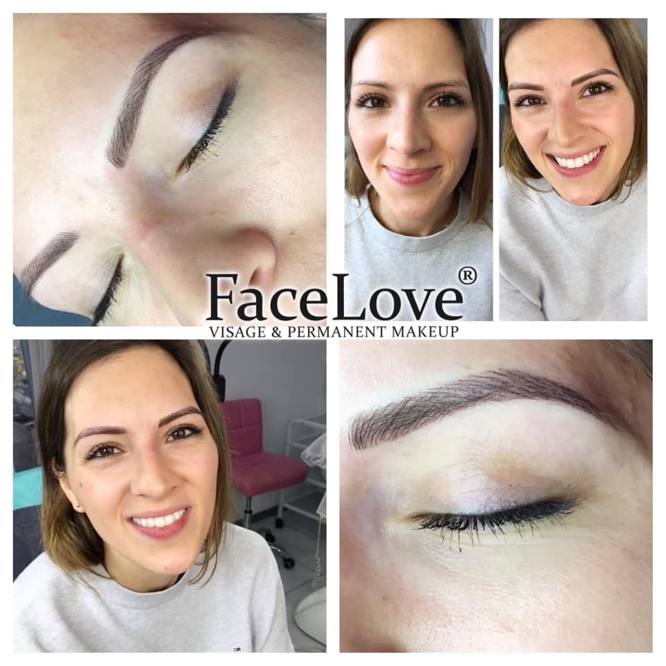 Kolaż zdjęć prezentujący efekt makijażu permanentnego brwi: zbliżenie brwi przed i po zabiegu, uśmiechnięta kobieta po zabiegu, logo firmy FaceLove Visage & Permanent Makeup.