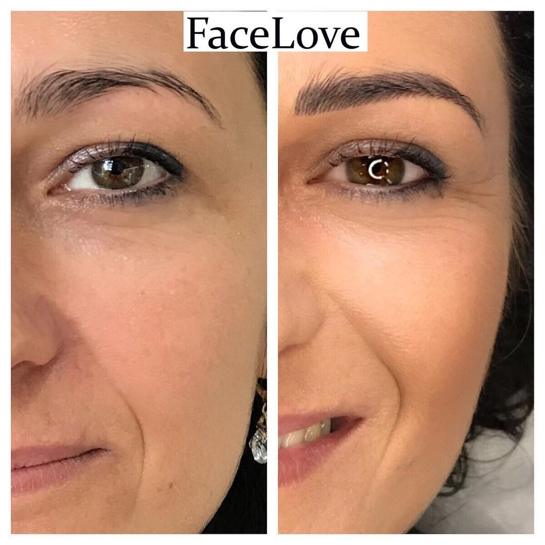 Porównanie makijażu permanentnego brwi i oka przed i po zabiegu, widoczne różnice w kształcie brwi i intensywności koloru, zbliżenie na prawą stronę twarzy z wyraźnym konturem policzka po zabiegu.