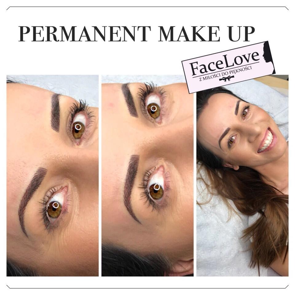 Kolaż przedstawiający brwi przed i po zabiegu permanentnego makijażu, z uśmiechniętą klientką po prawej stronie i logo firmy FaceLove w prawym górnym rogu.