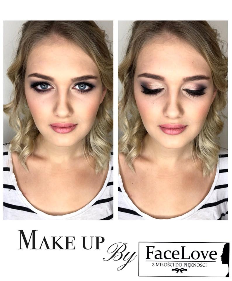 Portret blondynki z profesjonalnym makijażem, prezentujący efekt przed i po, z logo firmy w dolnej części kadru.