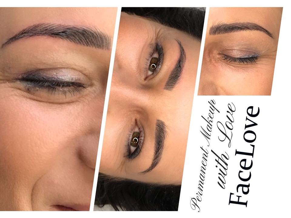 Zbliżenie na oko i brew po zabiegu makijażu permanentnego, widoczne precyzyjne cieniowanie i naturalny efekt.