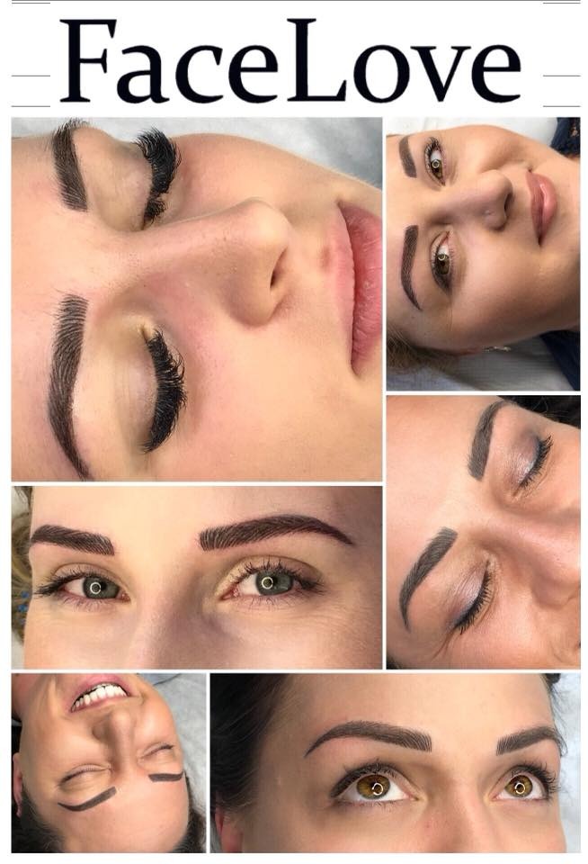 Kolaż zdjęć przedstawiających różne ujęcia twarzy kobiety po zabiegu mikropigmentacji brwi, widoczne precyzyjnie wykonane, ciemne brwi z efektem naturalnego wypełnienia.