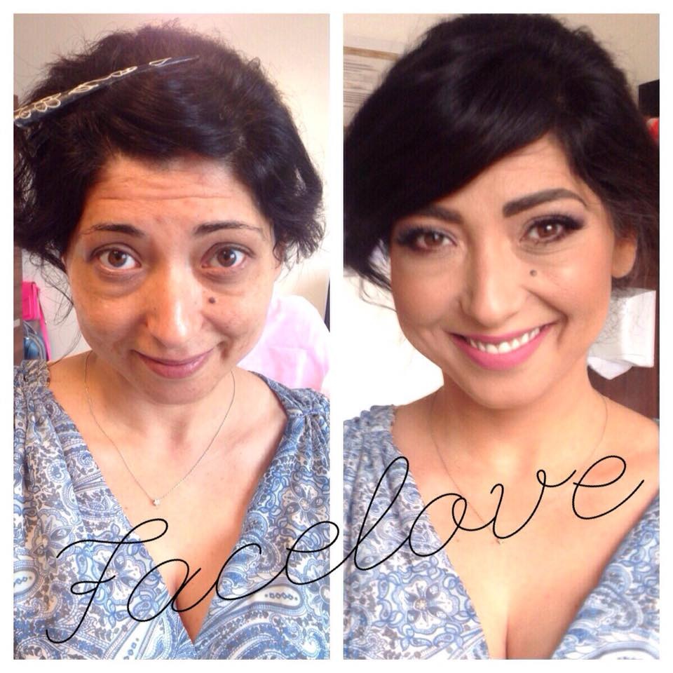 Kobieta przed i po wykonaniu makijażu, widoczne różnice w wyglądzie skóry, oczu i ust, z delikatnym uśmiechem.