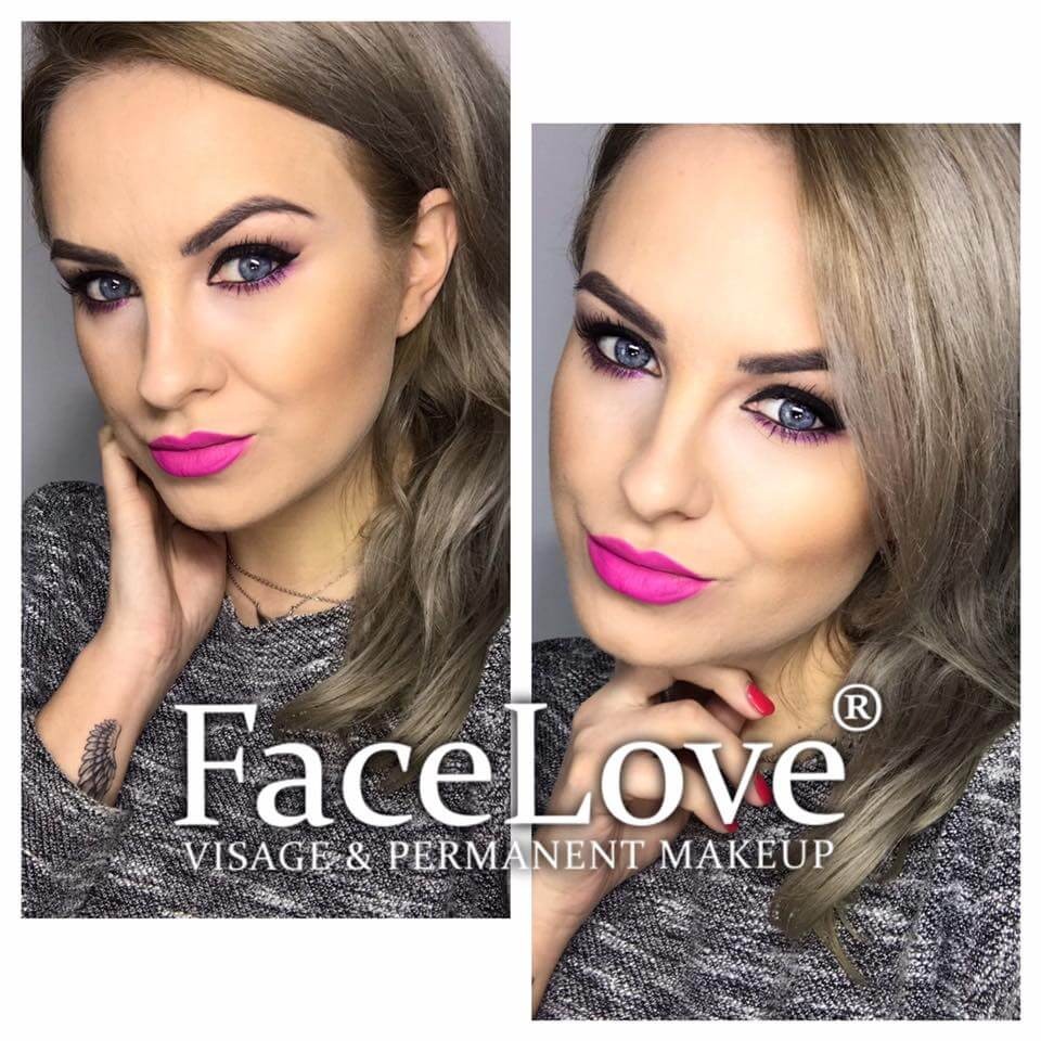 Dwa ujęcia tej samej kobiety z intensywnym makijażem: różowe usta, fioletowy akcent w makijażu oczu, logo firmy 'FaceLove Visage & Permanent Makeup' na dole po lewej stronie.