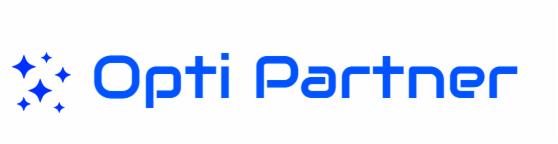 Niebieskie logo firmy Opti Partner z charakterystycznym symbolem gwiazd po lewej stronie, umieszczone na białym tle.