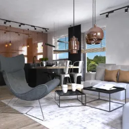 Wizualizacja wnętrza mieszkania z otwartą kuchnią, szary fotel na tle geometrycznej ściany z miedzianymi akcentami, minimalistyczne lampy wiszące nad stołem jadalnym, jasna sofa w salonie...